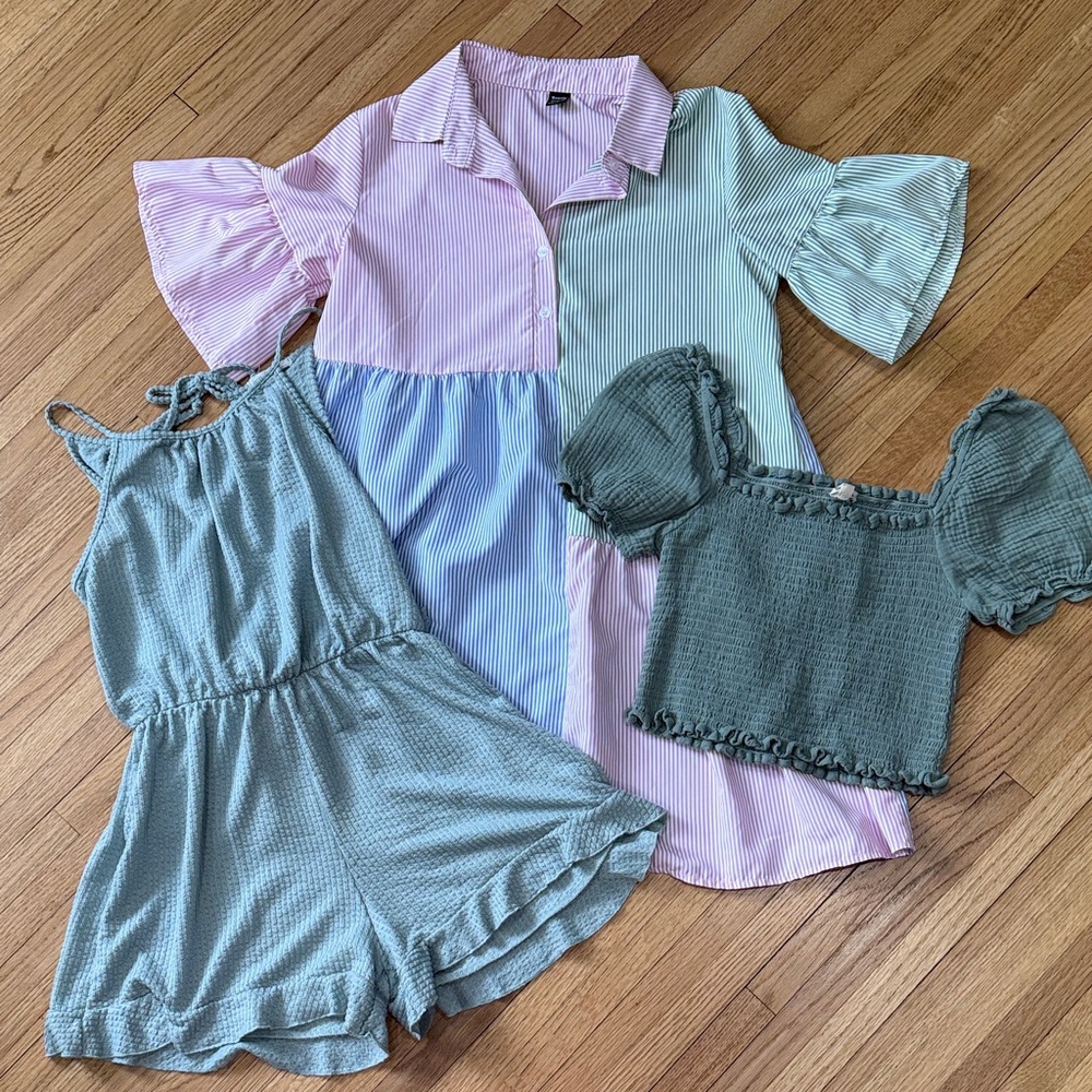 Stylish Multi-Color Dress, Romper, and Puff Sleeve Set